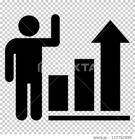 Business icon featuring a person and a rising bar graph (presentation, results, success, monochrome, silhouette) Business icon featuring a person and a rising bar graph (presentation, results, success, monochrome, silhouette) 137792899