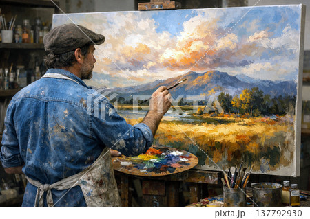 油絵を描いている画家 137792930
