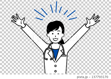 A female doctor cheers with her arms raised in joy. A female doctor cheers with her arms raised in joy. 137793170