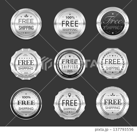 Free shipping silver badges and labels, award seals and medals with laurel wreaths. Vector delivery service award medals, shipment, freight and free shipping guarantee round shape seal badges set Free shipping silver badges and labels, award seals and medals with laurel wreaths. Vector delivery service award medals, shipment, freight and free shipping guarantee round shape seal badges set 137793556