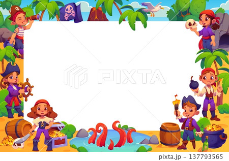 Cartoon kid pirates banner with children buccaneer and corsair characters on tropical island beach with treasure chest, gold coins, octopus tentacles, palm trees and sea. Vector photo frame template 137793565