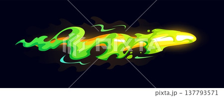 Game laser gun shoot green fire ray blast effect. Game gun shot beam, laser weapon attack isolated vector flash effect. Fantasy blaster energy ray or blast with fiery fireball and green smoke cloud 137793571