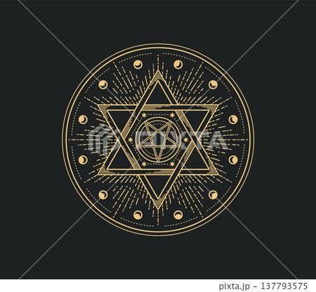 Mystical, magic and astrology occult symbol with glowing golden Star of David in sacred circle, radiating light and surrounded by crescent moons. Esoteric vector symbol for spiritual talisman Mystical, magic and astrology occult symbol with glowing golden Star of David in sacred circle, radiating light and surrounded by crescent moons. Esoteric vector symbol for spiritual talisman 137793575
