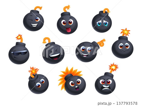 Cartoon funny bomb mascots and characters with emotions, emoji personages. Grenade funny vector personage, dynamite cheerful mascot. Bomb character with happy smiling, crying, laughing and angry face 137793578