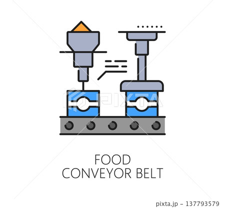 Automatic food production conveyor, manufacture icon or symbol. Robotic manufacture color line pictogram, conveyor mass production vector symbol. Automatic factory icon with conveyor belt machinery 137793579