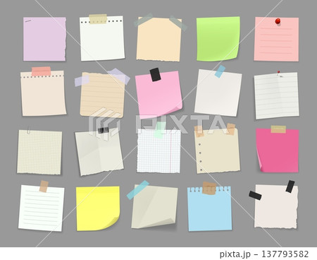 Memo note paper with adhesive tape, pins and clips. Vector note paper sheets, graph and lined notebook pages, notepad stickers with torn edges and sticky tape, scrapbooking and school stationery set 137793582