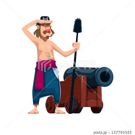 Cartoon pirate sailor character of gunner man with cannon, vector funny personage. Caribbean pirate or corsair seaman in sailor hat with Jolly Roger crossbones, holding ship cannon barrel brush 137793583