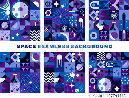 Galaxy space seamless patterns with modern geometric Bauhaus elements. Cosmos vector background with Bauhaus pattern. Space seamless print with purple and blue satellite, rocket spaceship and planets 137793585