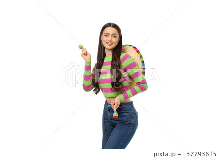 Festively dressed woman enjoys Cinco de Mayo, isolated, PNG Festively dressed woman enjoys Cinco de Mayo, isolated, PNG 137793615