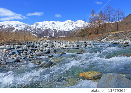 早春の白馬山麓 渓流と北アルプス 早春の白馬山麓 渓流と北アルプス 137793634