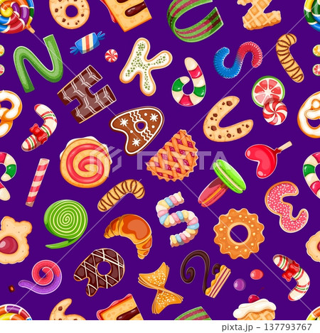 Dessert font letters, bakery sweet candy type seamless pattern. Wrapping paper vector seamless background or fabric print. Textile backdrop or cartoon pattern with cookies, candies, pie and ice cream 137793767