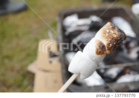 こんがり焦げ目がついた焼きマシュマロのクローズアップ。 こんがり焦げ目がついた焼きマシュマロのクローズアップ。 137793770