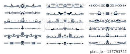 Pirate frame border and corsair dividers, piracy decorations. Sea ship ropes vector dividers set with sailor pirate knots, sail boats and treasure chests, corsair captain hats, skulls and crossbones 137793785
