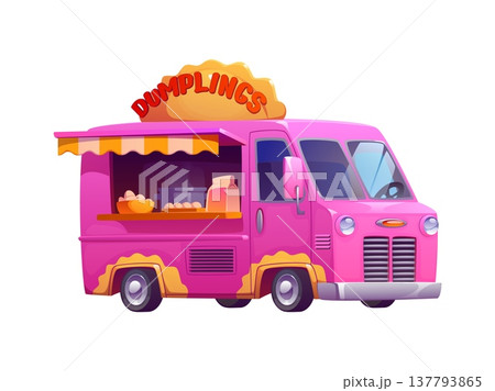 Cartoon dumplings food truck, cafe vintage foodtruck. Street vintage snack shop mobile booth, festival isolated foodtruck vector car. Dumplings retro food truck bus or fair cartoon van kiosk 137793865