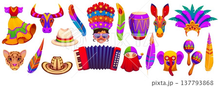 Barranquilla Colombian carnival holiday set. Vector Latin American festival traditional costumes, feathers, drum, maracas, animal masks, hats and instruments for celebrating culture and music carnival 137793868