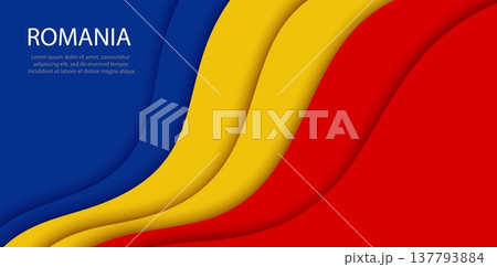 Vector paper cut national flag of Romania. Red blue and yellow pennant banner. 3d vector patriotic European country tricolor symbol, layered wave papercut banner background with curve flag stripes 137793884