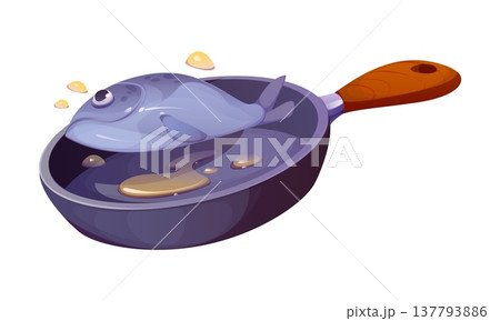 Fresh fish frying on pan, food cooking process. Culinary and gastronomy isolated cartoon vector concept. Seafood meat meal breakfast preparation process or trout fish dish cooking on cast iron pan 137793886