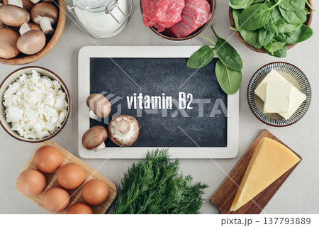 Healthy foods containing vitamin B2 (Riboflavinum). 137793889
