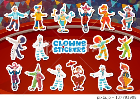 Circus clown characters stickers pack on arena stage. Funny clowns and cheerful mimes in colorful wigs and various costumes vector characters performing twisting, riding unicycle on circus arena Circus clown characters stickers pack on arena stage. Funny clowns and cheerful mimes in colorful wigs and various costumes vector characters performing twisting, riding unicycle on circus arena 137793909