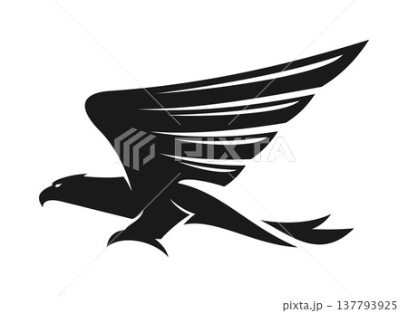 Black eagle or flying hawk abstract icon or label. Black hawk business sign, eagle bird heraldic emblem. Flying falcon graphic icon 137793925