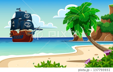 Pirate ship sails near island at Caribbean sea with Jolly Roger flags, cartoon vector landscape background. Pirate ship or corsair sailboat with black sails and skull crossbones at treasure island Pirate ship sails near island at Caribbean sea with Jolly Roger flags, cartoon vector landscape background. Pirate ship or corsair sailboat with black sails and skull crossbones at treasure island 137793931