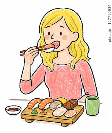 握り寿司を食べる金髪の西洋人女性 137793934