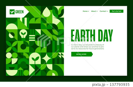 Earth day holiday landing page with geometric Bauhaus pattern. Clean environment saving vector website, ecology site landing page. Save nature or Earth day webpage with Bauhaus green geometric shapes 137793935