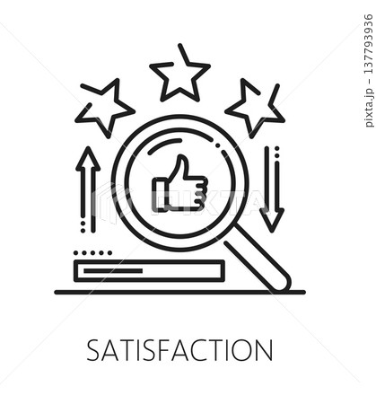 Product quality satisfaction inspection line icon or label. Product review icon, quality inspection vector symbol. Regulation certification pictogram with rating stars, thumbs up and magnifying glass 137793936