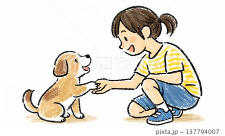 子犬にお手を教える女の子のイラスト 137794007