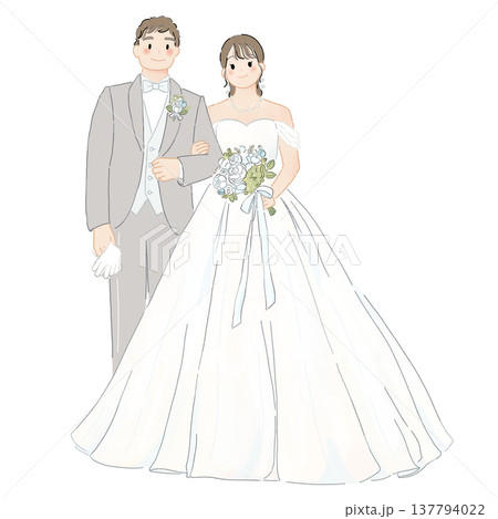 ウェディングドレスとタキシードを着て腕を組む新郎新婦 137794022