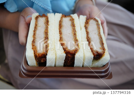 手に持ったカツサンドのクローズアップ。サクサクのとんかつとふわふわ食パンのサンドイッチ。 手に持ったカツサンドのクローズアップ。サクサクのとんかつとふわふわ食パンのサンドイッチ。 137794316