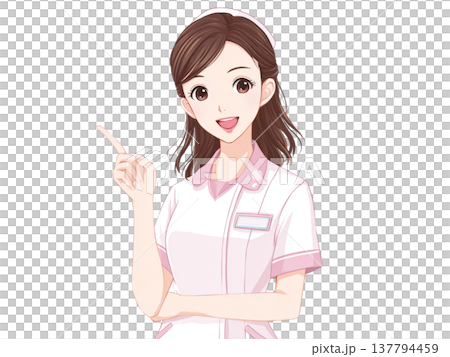 一張柔和的動漫風格插畫,描繪了一位女護士指著某人引導方向。 一張柔和的動漫風格插畫,描繪了一位女護士指著某人引導方向。 137794459