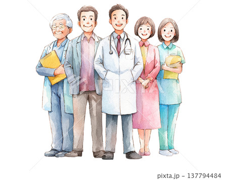 水彩画風の医療・介護スタッフと高齢者の集合イラスト 137794484