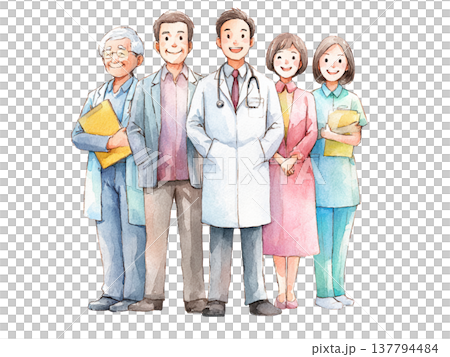 水彩画風の医療・介護スタッフと高齢者の集合イラスト 137794484