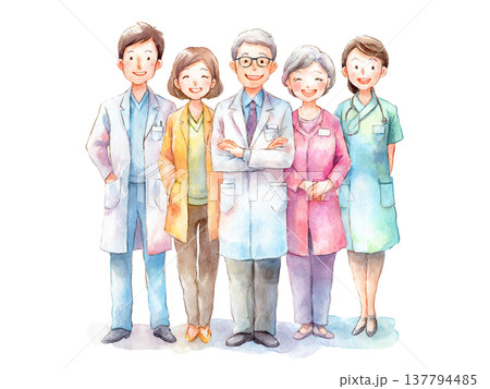 水彩画風の医療・介護スタッフと高齢者の集合イラスト 137794485