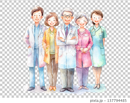 水彩画風の医療・介護スタッフと高齢者の集合イラスト 137794485