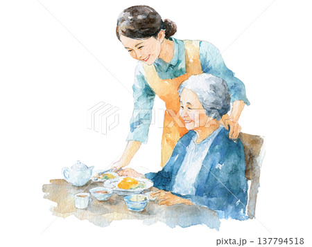 水彩画風の高齢者の食事を見守る介護士のイラスト 水彩画風の高齢者の食事を見守る介護士のイラスト 137794518