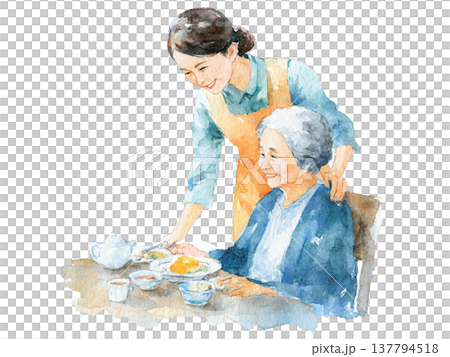 水彩画風の高齢者の食事を見守る介護士のイラスト 水彩画風の高齢者の食事を見守る介護士のイラスト 137794518