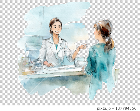 一幅水彩風格的插圖，描繪了一位女醫生和一位病人之間的問診場景。 137794556