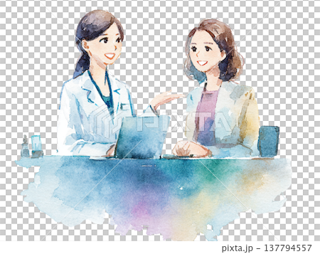 一幅水彩風格的插圖，描繪了一位女醫生和一位病人之間的問診場景。 137794557