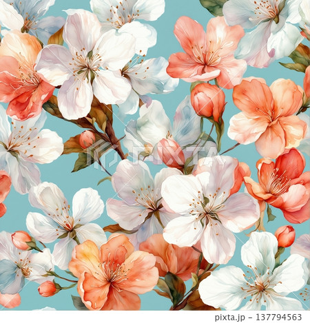 watercolor painting of leaf and flowers pattern 137794563