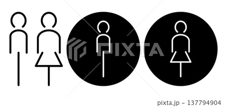 Gender icon. Man and woman icons. Minimalist restroom pictogram. WC and bathroom linear signage vector illustration. Gender icon. Man and woman icons. Minimalist restroom pictogram. WC and bathroom linear signage vector illustration. 137794904