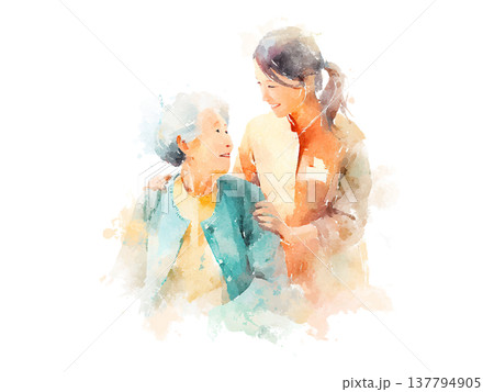水彩画風の高齢者に寄り添う介護士の介護イラスト 137794905
