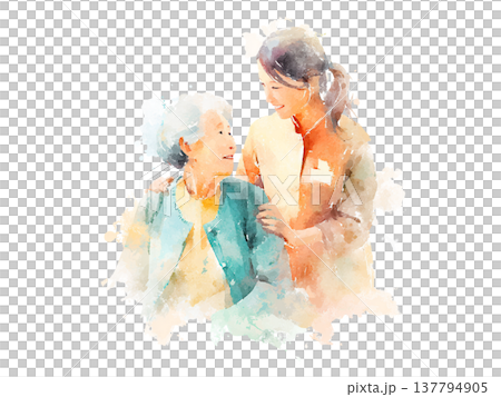 水彩画風の高齢者に寄り添う介護士の介護イラスト 137794905