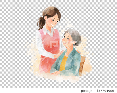 水彩画風の高齢者に寄り添う介護士の介護イラスト 137794906