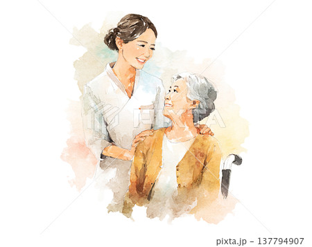 水彩画風の高齢者に寄り添う介護士の介護イラスト 137794907