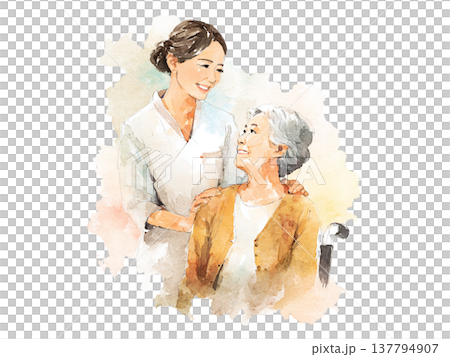 水彩画風の高齢者に寄り添う介護士の介護イラスト 137794907