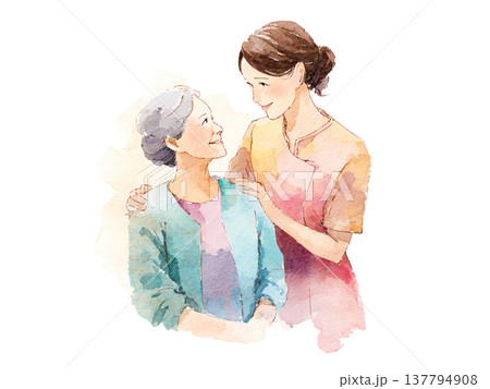 水彩画風の高齢者に寄り添う介護士の介護イラスト 137794908