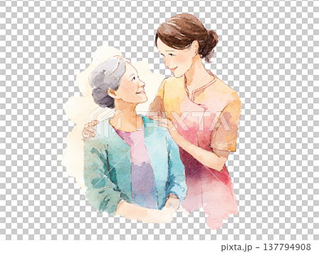 水彩画風の高齢者に寄り添う介護士の介護イラスト 137794908
