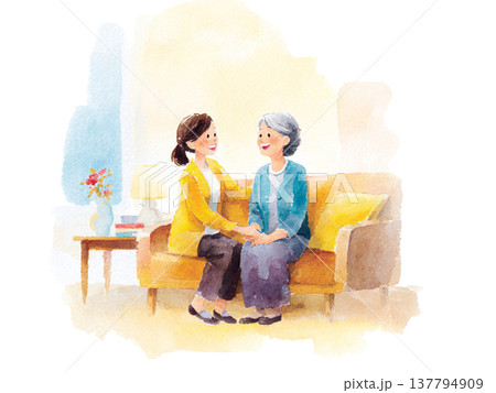水彩画風の高齢者に寄り添う介護士の介護イラスト 137794909